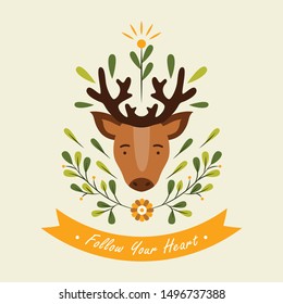 cute deer head with floral element quote vector illustration
