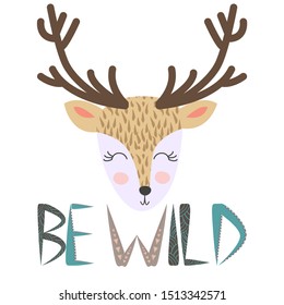 Cute Deer Head T-shirt Print Design for Kids. Deer Face. Doodle Cartoon Kawaii Animal. Scandinavian Print or Poster Design, Baby Shower Greeting Card