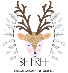 Cute Deer Head T-shirt Print Design for Kids. Deer Face. Scandinavian Print or Poster Design, Baby Shower Greeting Card