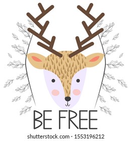 Cute Deer Head T-shirt Print Design for Kids. Deer Face. Scandinavian Print or Poster Design, Baby Shower Greeting Card