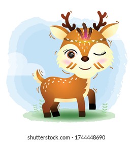 a cute deer in a headdress with feathers. Cartoon apache deer. Vector illustration