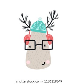 Cute deer with headphones and glasses. Hand drawn kids nursery poster in scandinavian style. Vector illustration.