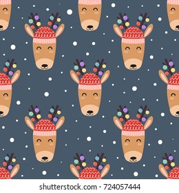Cute deer heads seamless pattern. Christmas background. Vector illustration