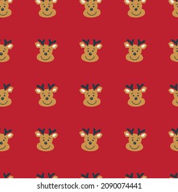 Cute Deer Kopf nahtlose Vektorgrafik Muster.Rentierköpfe einzeln auf rotem Hintergrund, Vektorgrafik. Weihnachtskinder-Design. Vektorgrafik für Feriengewebe, Kindergeschenkverpackung.