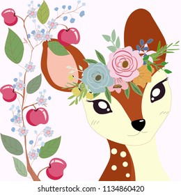 Cute deer and her flower crown in the apple forest,illustration vector by freehand doodle comic art