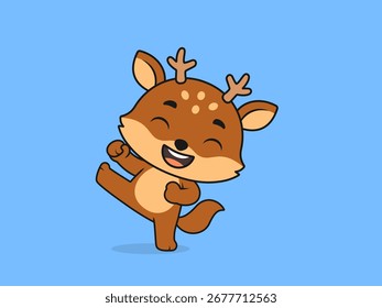 Cute Deer High Kick Pose – Flat Vector Cartoon Illustration of a Deer Character.