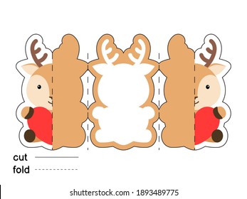 Cute deer hold heart. Fold long greeting card template. Great for St. Valentine day, birthdays, baby showers. Printable color scheme. Print, cut out, fold. Colorful vector stock illustration.
