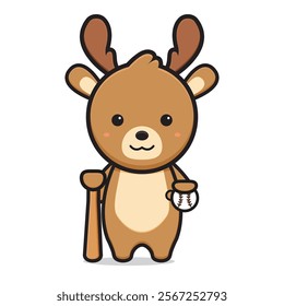 Cute deer holding baseball character cartoon icon illustration. Design isolated flat cartoon style