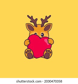 Cute deer holding a big red heart. Animal cartoon concept isolated. Can used for t-shirt, greeting card, invitation card or mascot.