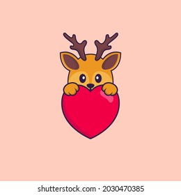 Un ciervo lindo sosteniendo un gran corazón rojo. El concepto de caricatura animal aislado. Puede usarse para camisetas, tarjetas de felicitación, tarjetas de invitación o mascota.