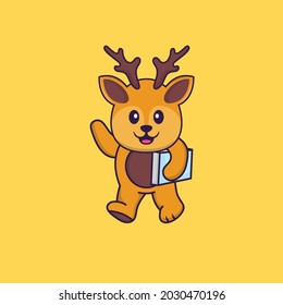 Cute deer holding a book. Animal cartoon concept isolated. Can used for t-shirt, greeting card, invitation card or mascot.