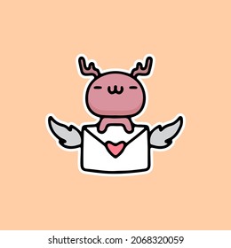 cute deer holding letters with wings. cartoon for sticker.