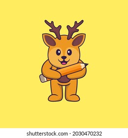 Cute deer holding a pencil. Animal cartoon concept isolated. Can used for t-shirt, greeting card, invitation card or mascot.