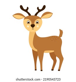 Cute deer with horns. Hand drawn cartoon character. Isolated vector illustration. 