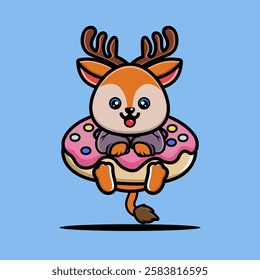 Cute deer hug big doughnut cartoon