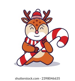 Cute Deer Hugging Candy Cane Vector Cartoon Illustration Isolated On White Background
