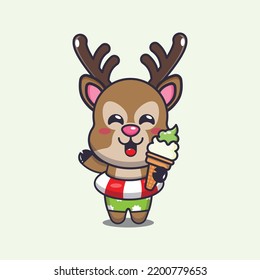 Cute deer with ice cream on beach cartoon illustration.