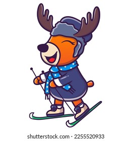 Cute deer ice skating cartoon vector icon illustration animal