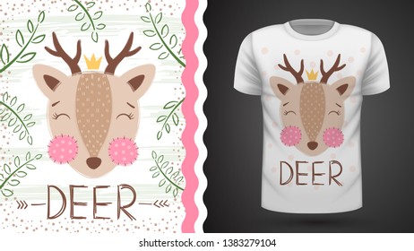 Cute deer idea for print t-shirt. Hand draw