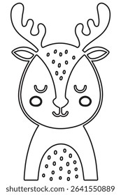 Cute deer illustration with antlers in black and white vector style. Ideal for children’s coloring sheets and early learning activities.
