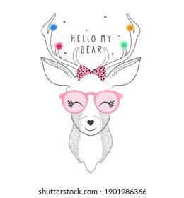 cute deer illustration.Vector.Print graphic for t-shirt.