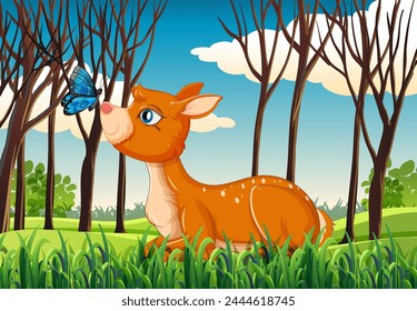 Cute deer interacting with a butterfly in woods