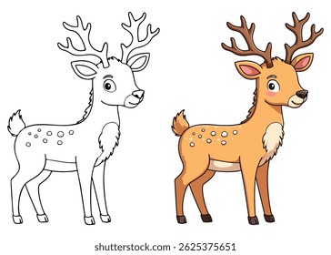 Cute Deer Isolated Line Art Vector Outline Illustration Black and White with Coloring Sample