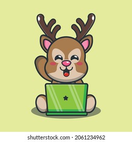 Cute deer with laptop cartoon illustration