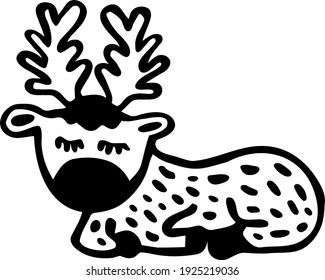 A cute deer lay down to rest and doze. Picture with a funny forest animal. Cartoon image. Hand-drawn black and white outline doodle with roe. Vector clipart in themes animals and wildlife for kids.