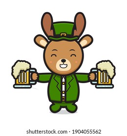 Cute deer leprechaun saint patrick day character holding beer cartoon vector icon illustration. Saint Patrick's Day icon concept isolated vector. Flat cartoon style