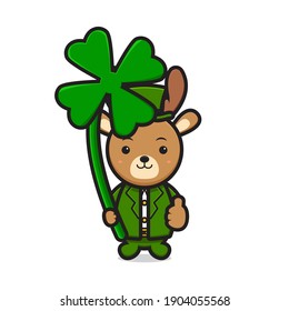Cute deer leprechaun saint patrick day character holding clover cartoon vector icon illustration. Saint Patrick's Day icon concept isolated vector. Flat cartoon style