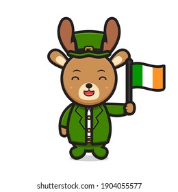 Cute deer leprechaun saint patrick day character holding irish flag cartoon vector icon illustration. Saint Patrick's Day icon concept isolated vector. Flat cartoon style