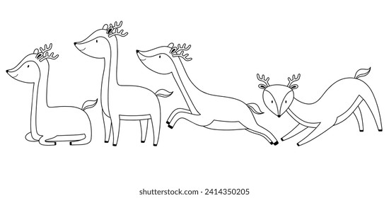 Cute deer line sketch set. Outline vector illustration.