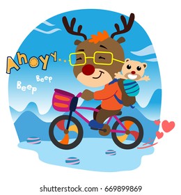 cute deer with little bear riding a bicycle in winter