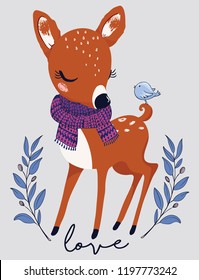 Cute deer with little bird vector illustration for kids, fashion artwork, children books, t shirts, prints, greeting cards.