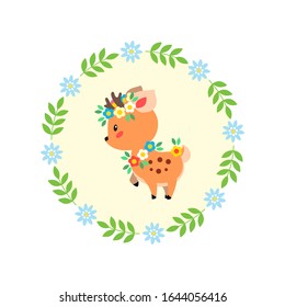 Cute deer. Little deer decorated with flowers on background of floral frame. Flat illustration isolated on white. Vector 8 EPS.