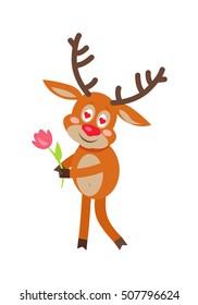 Cute deer in love cartoon. Blushful horned reindeer standing with tulip flower in hands and hearts in eyes flat vector illustration isolated on white background. For Valentine card, romantic concept