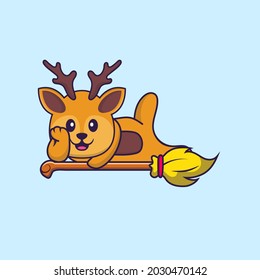 Cute deer lying on Magic Broom. Animal cartoon concept isolated. Can used for t-shirt, greeting card, invitation card or mascot.