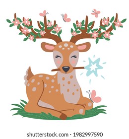 Cute deer with the magic wand, flowers and butterflies. Poster for nursery. Vector illustration for children.