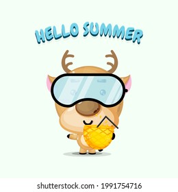 Cute deer mascot carrying pineapple juice with summer greetings