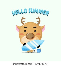 Cute deer mascot carrying surfboard in summer