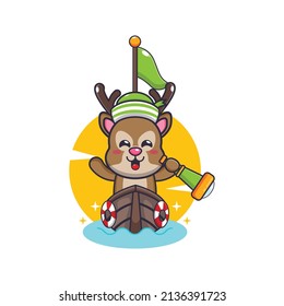 cute deer mascot cartoon character on the boat