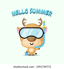 Cute deer mascot wearing diving gear with summer greetings