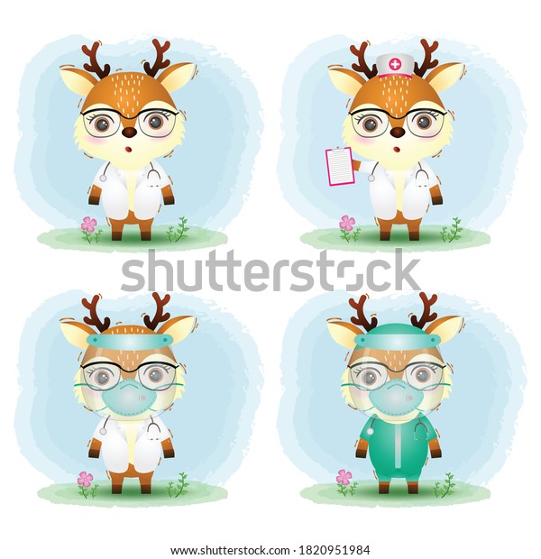cute deer with medical staff team doctor and\
nurse costume collection