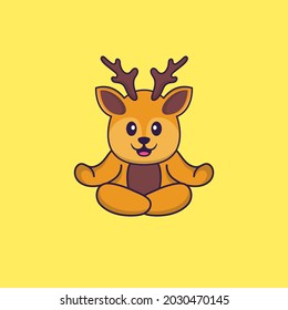 Cute deer is meditating or doing yoga. Animal cartoon concept isolated. Can used for t-shirt, greeting card, invitation card or mascot.