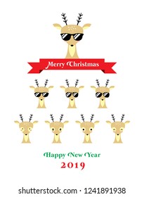 cute deer merry christmas and happy new year 2019 greeting card vector. cool reindeer christmas greeting.