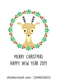 cute deer merry christmas and happy new year 2019 greeting card vector. cool reindeer christmas greeting.