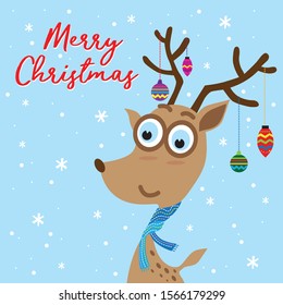 cute deer with merry christmas text vector