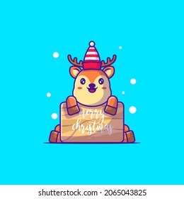 Cute Deer with merry christmas wood banner. Merry christmas