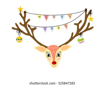 Cute deer with Merry Christmas word on flag, Hand drawn cartoon